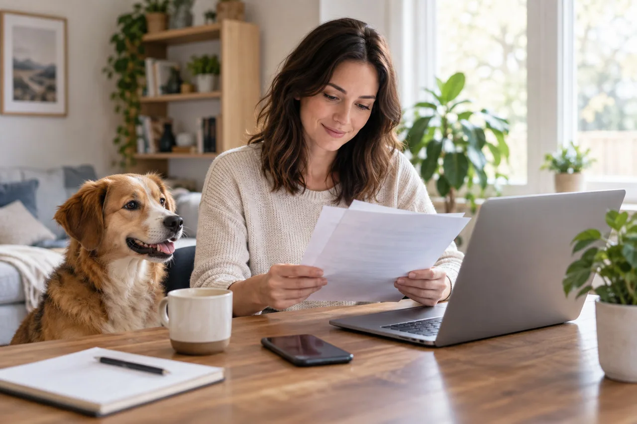 Owner comparing documents and a laptop with a dog nearby
