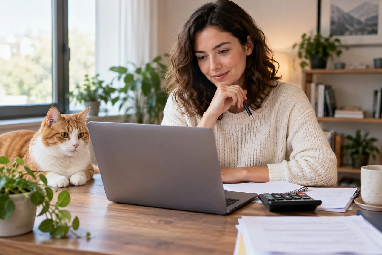 Owner considering documents at a laptop with a cat nearby
